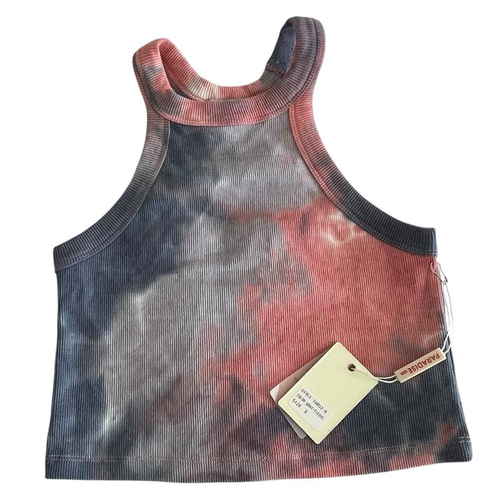 NWT Paradise USA High Neck Tie-Dye Crop Tank Top | Size Small Pink Purple